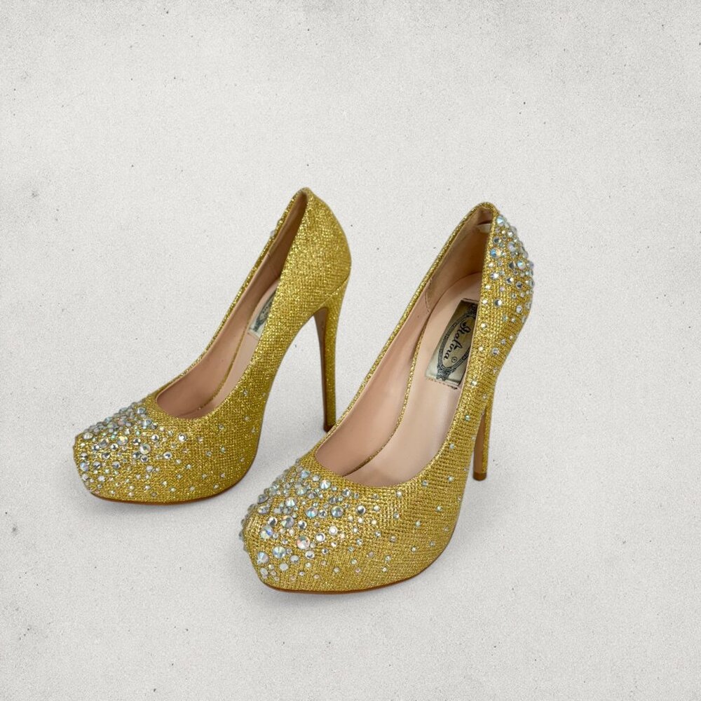 Gold Rhinestone Platform Heels Sparkly Stiletto Pumps Party Glam Size 7